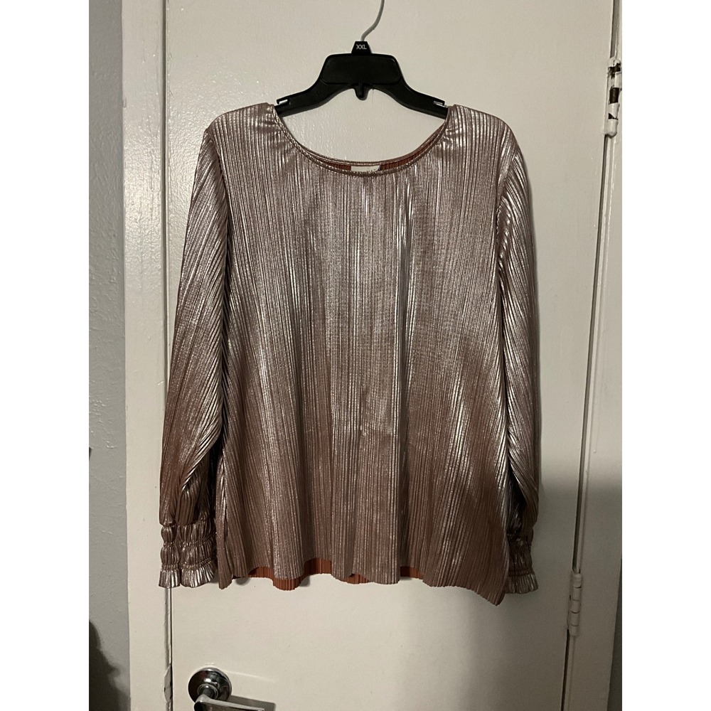 Ava & Viv Rose Gold Metallic Plisse Pleated Blouse XXL Smocked Cuff Top